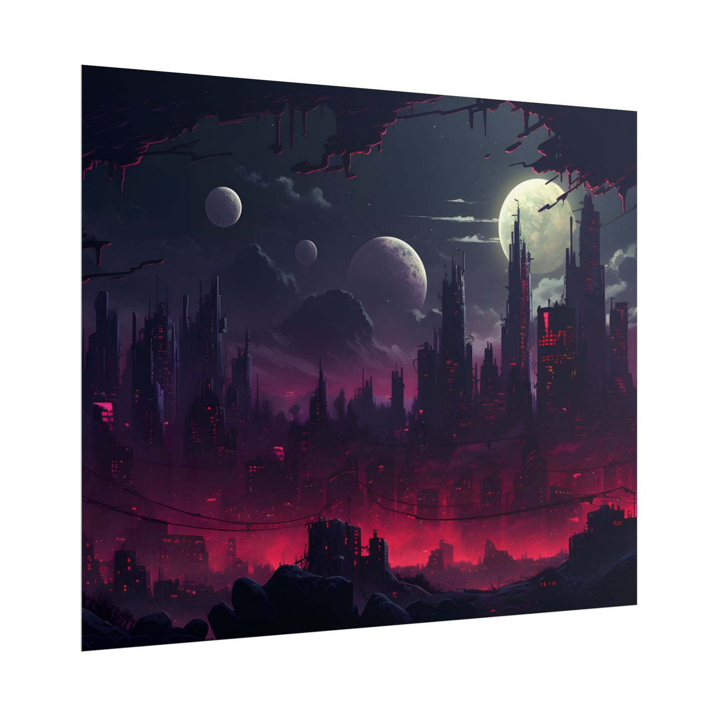 Burning Cyberpunk Cityscape at Night: Digital Art - Poster