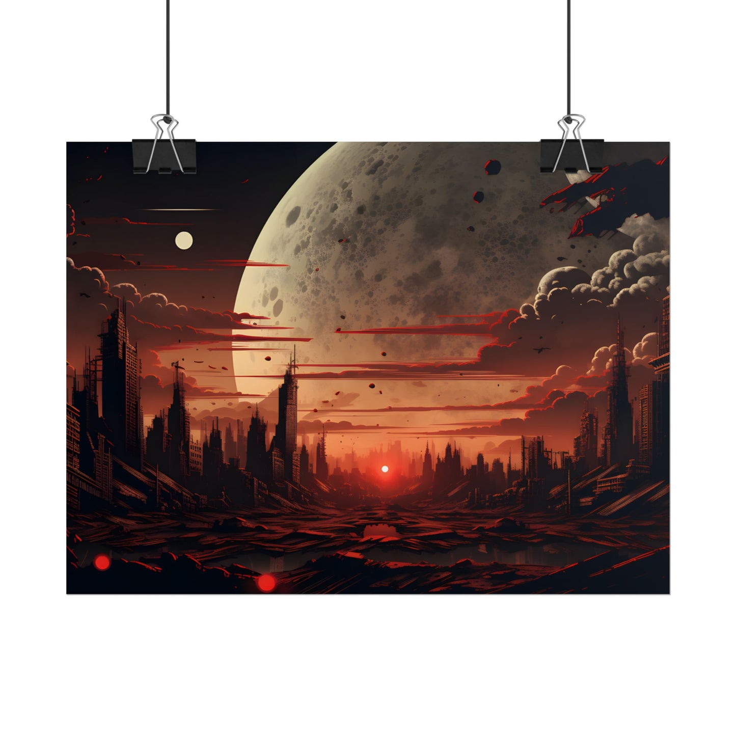 Landscape at Night: Burning Cyberpunk Neon Lights - Poster