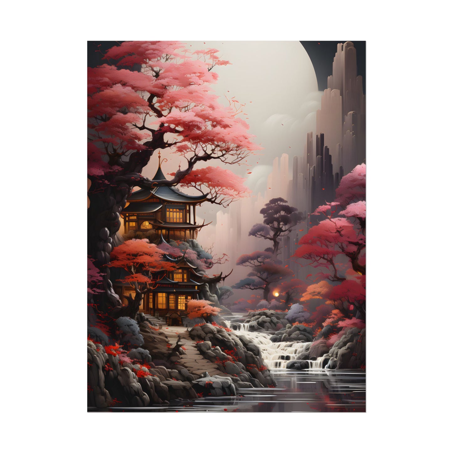 Landscape Masterpiece in Ash Magenta and Moss Green: Serene Nature Artwork - Poster