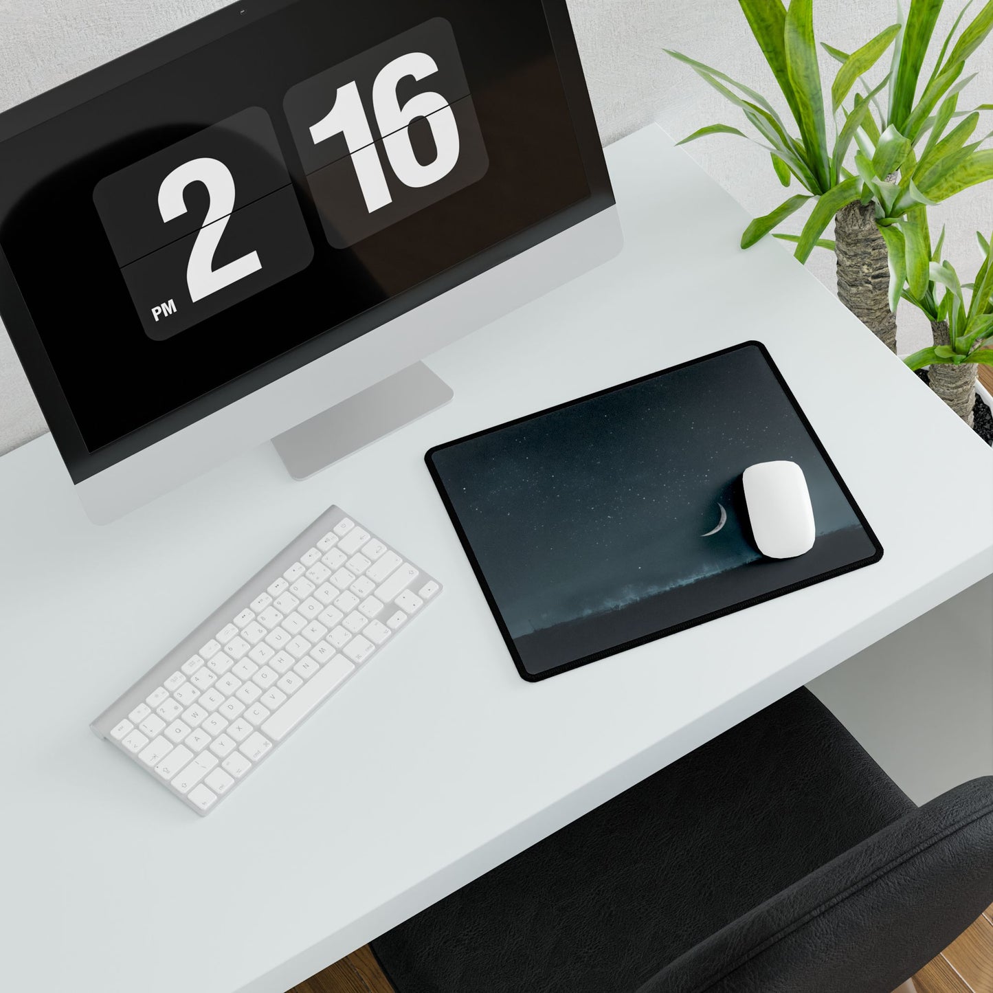 Minimalist Night Tree: Soft Lighting in Blue-Gray Skies - Desk Mat