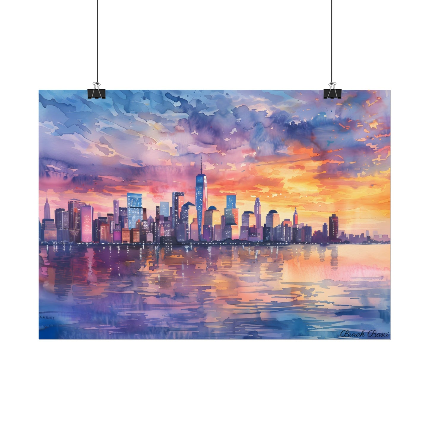 Serene NYC Sunset: Watercolor Skyline Reflections - Poster