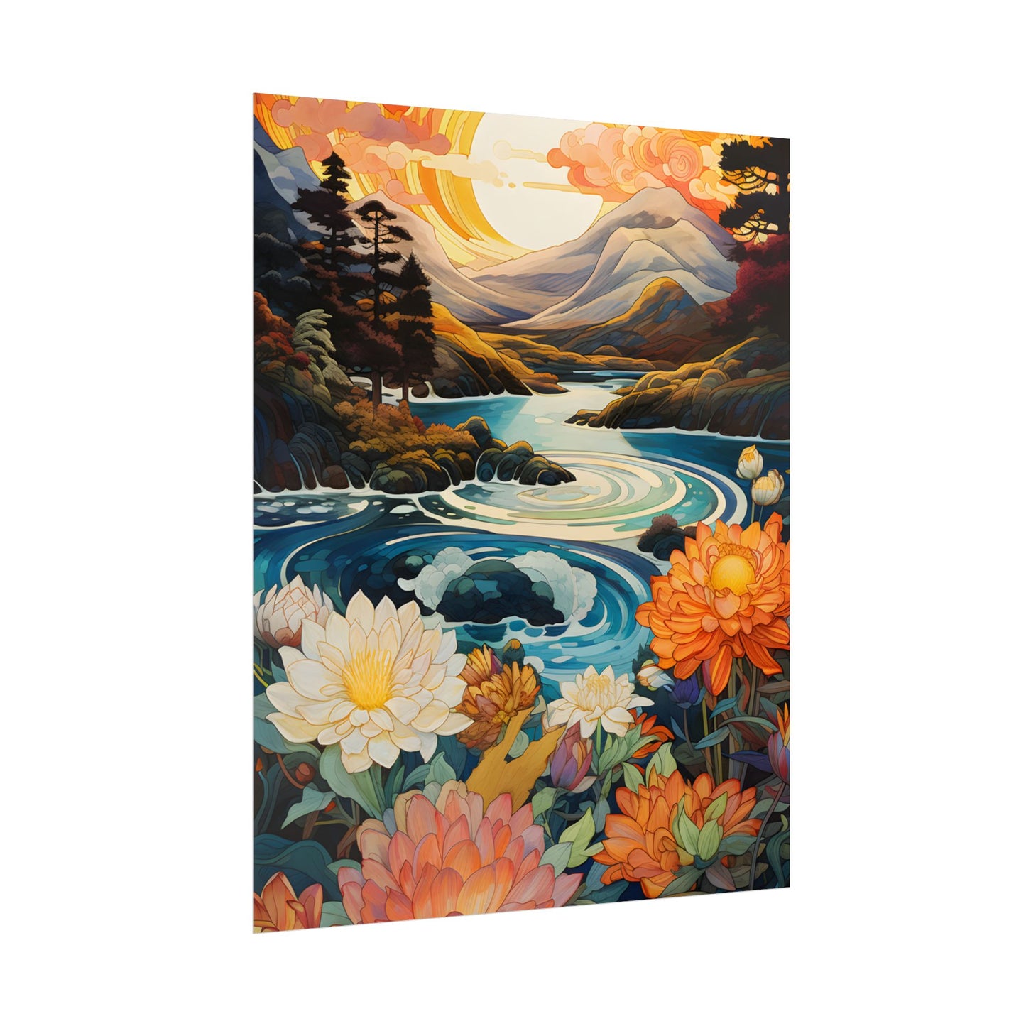 Peaceful River Landscape: Flowers Blooming - Poster