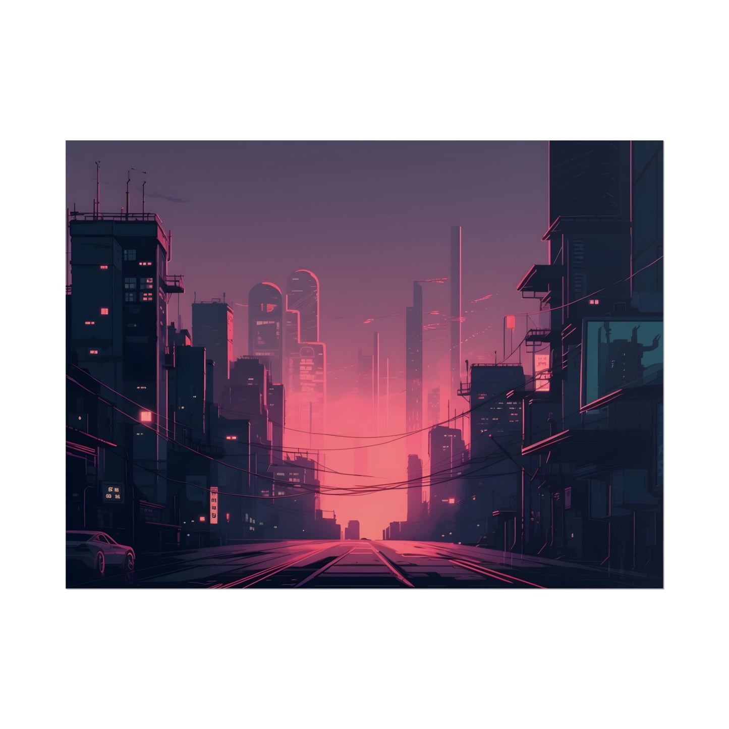 Cyberpunk Nighttime Cityscape: Melancholic Mood - Poster