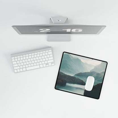 Explore Serene Mountains and Lake: Aerial Perspective Digital Art - Desk Mat