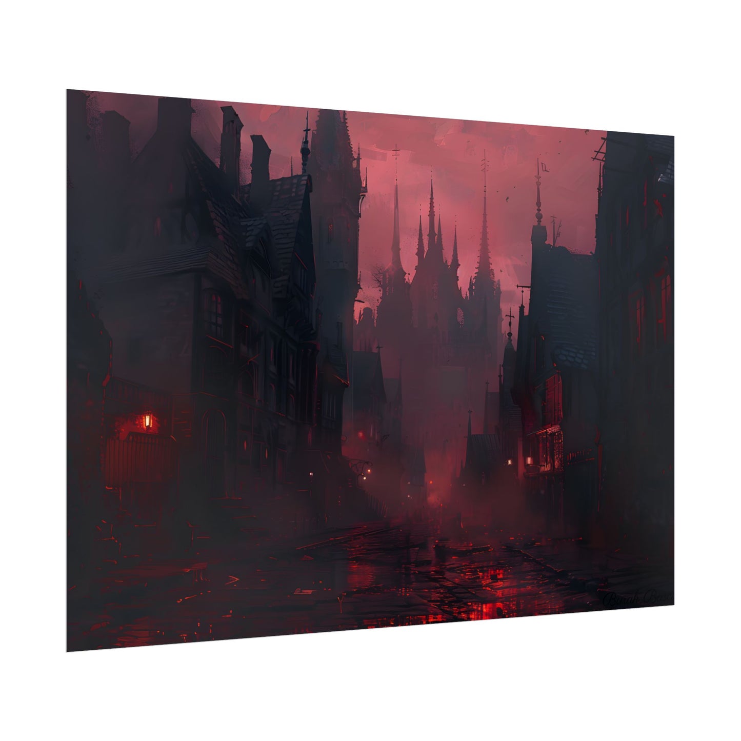 Dark Gothic Cityscape: A Serene Misty Dusk Scene - Poster