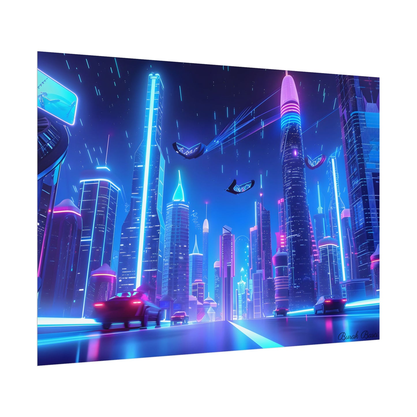 Vibrant Futuristic Cityscape: Neon Lights at Night Digital Artwork - Poster