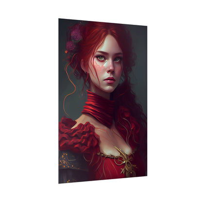 Vibrant Redhead Portrait: Female Artwork in Red Dress - Poster