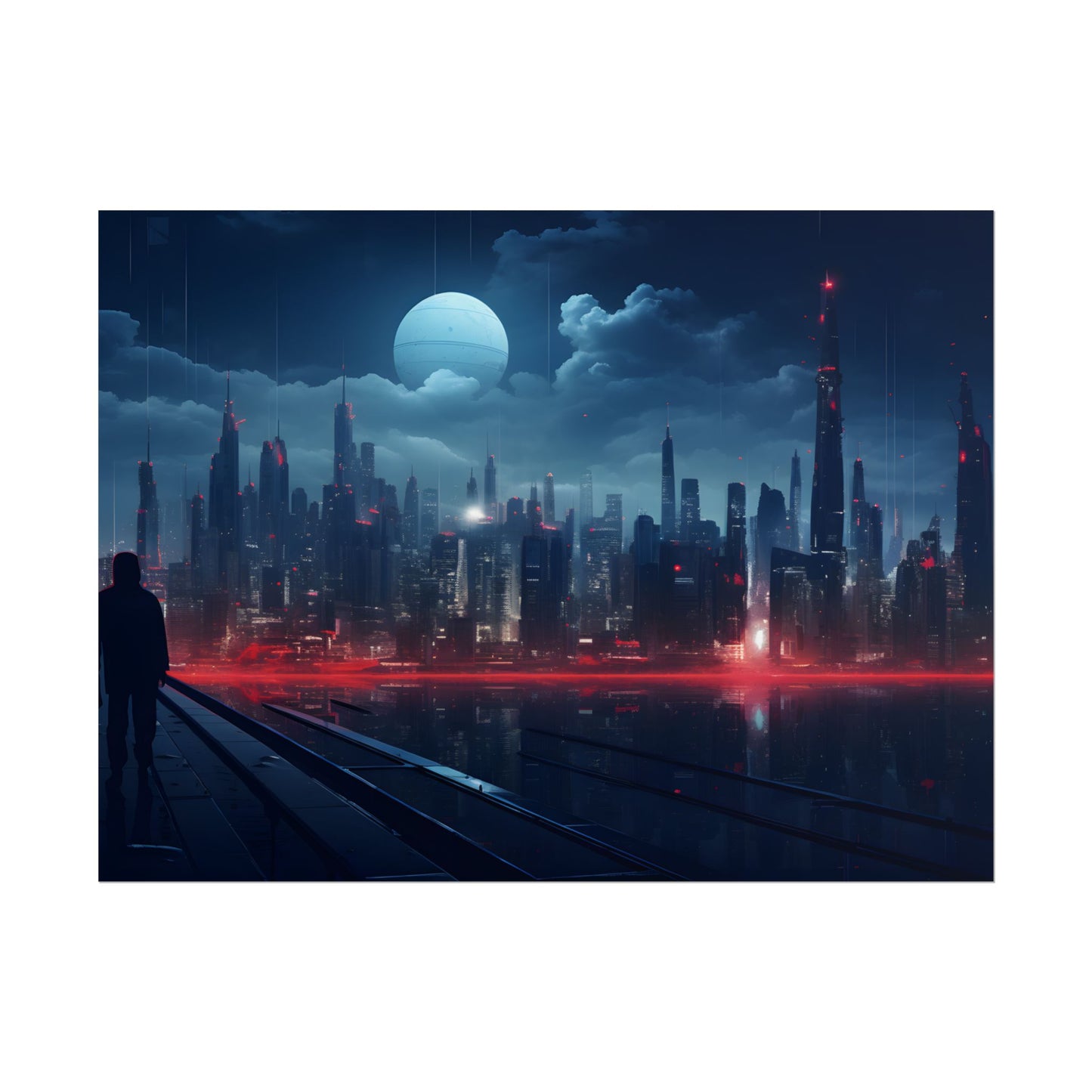 Melancholic Night: A Solo Figure in Cyberpunk Cityscape - Poster