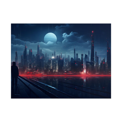 Melancholic Night: A Solo Figure in Cyberpunk Cityscape - Poster