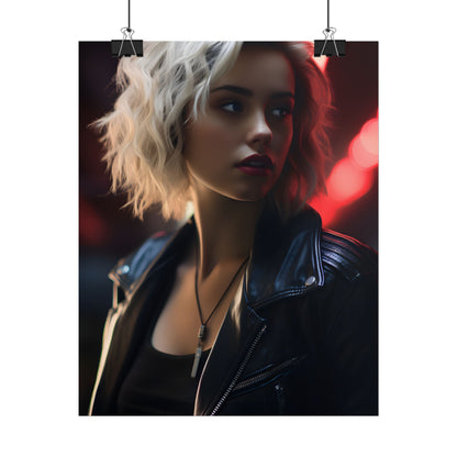 Cyberpunk Blonde: Closeup Portrait in Neon Hues - Poster