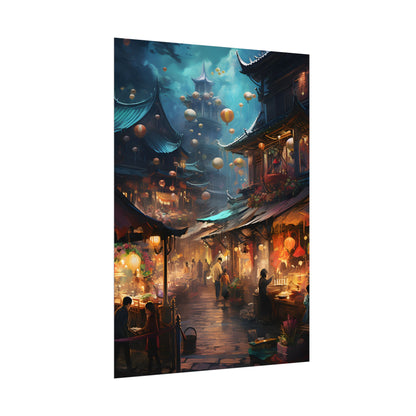 Enchanted Street Food Market: Vibrant Evening Artwork - Poster