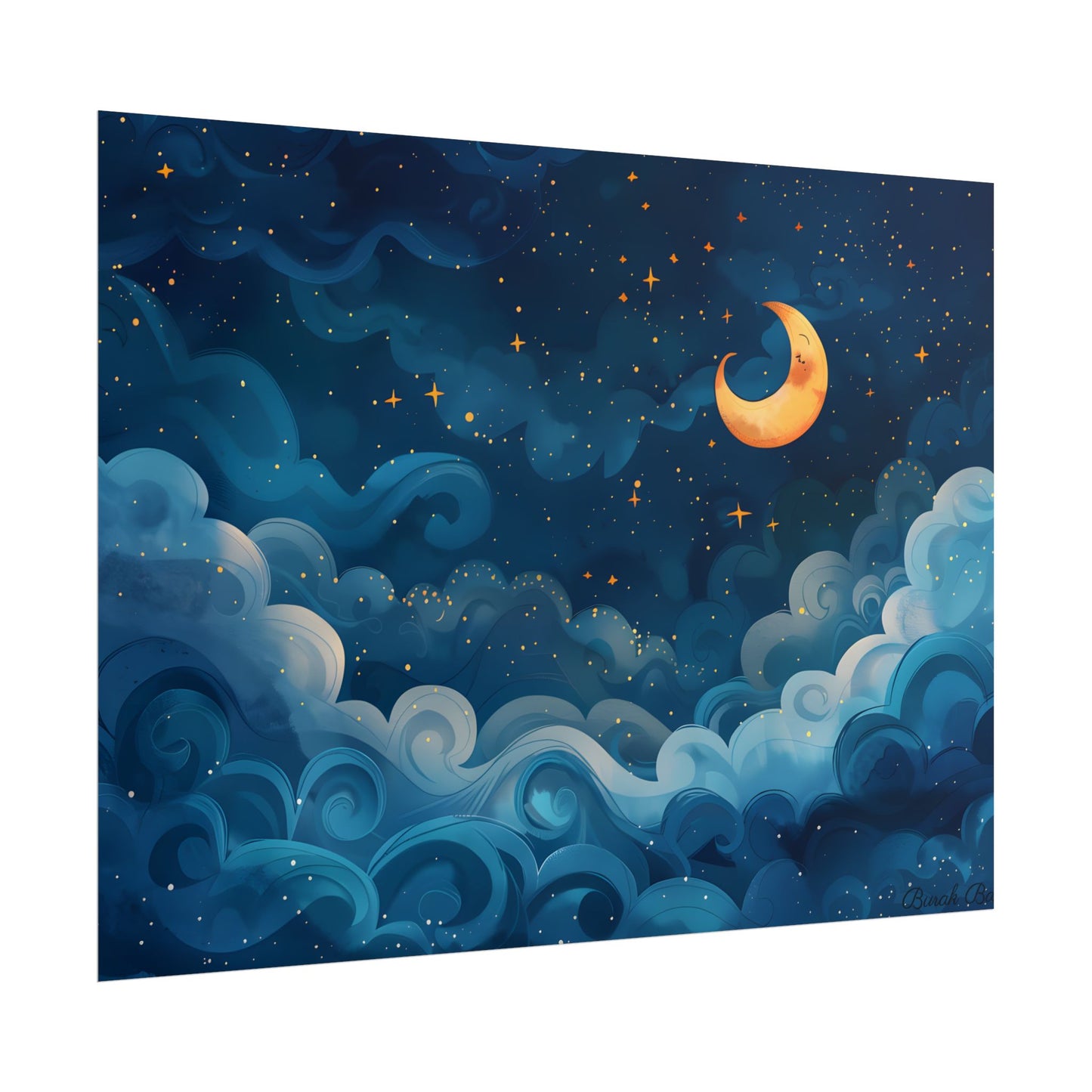 Surreal Night Sky Dreamscape: Whimsical Stars and Clouds Art - Poster