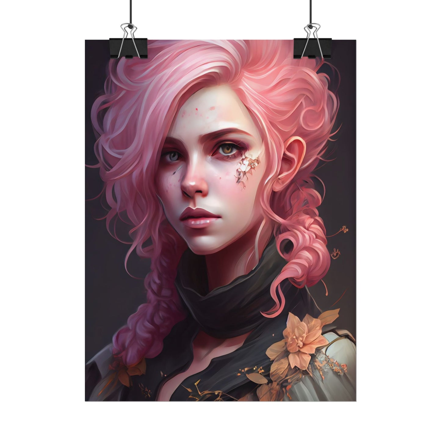 Astonishing Female Portrait: Vibrant Pink Hair in Dark Elegance - Poster