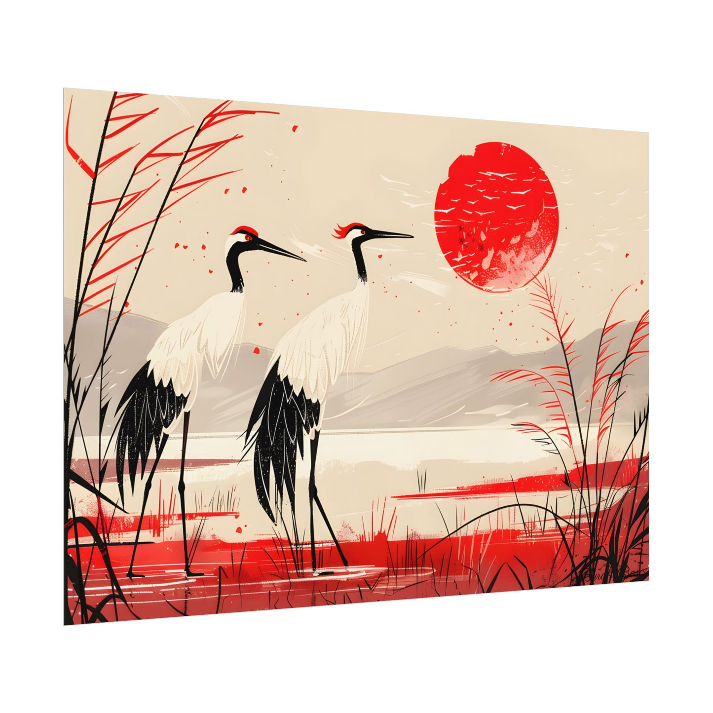 Peaceful Cranes in Serene Nature: Landscape Artwork - Poster
