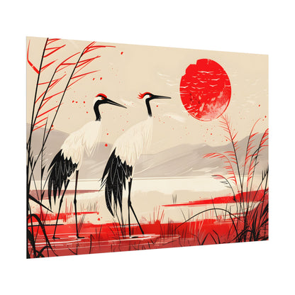 Peaceful Cranes in Serene Nature: Landscape Artwork - Poster