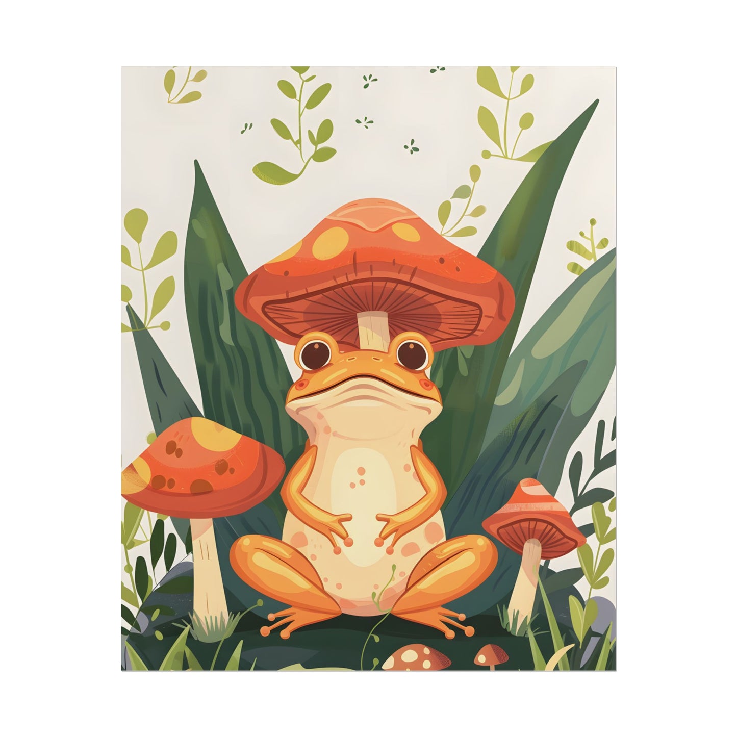Retro Whimsy: Frog & Mushrooms in Close-Up Charm - Poster