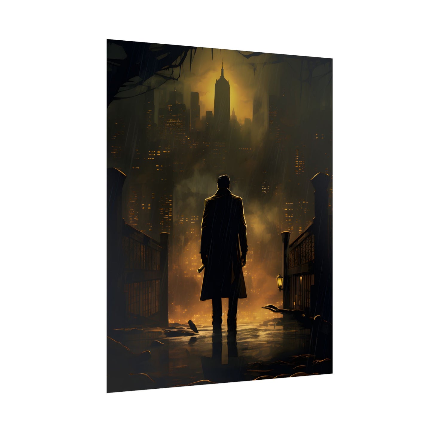 Urban Fantasy Detective: Moody City Skyline Reflection - Poster