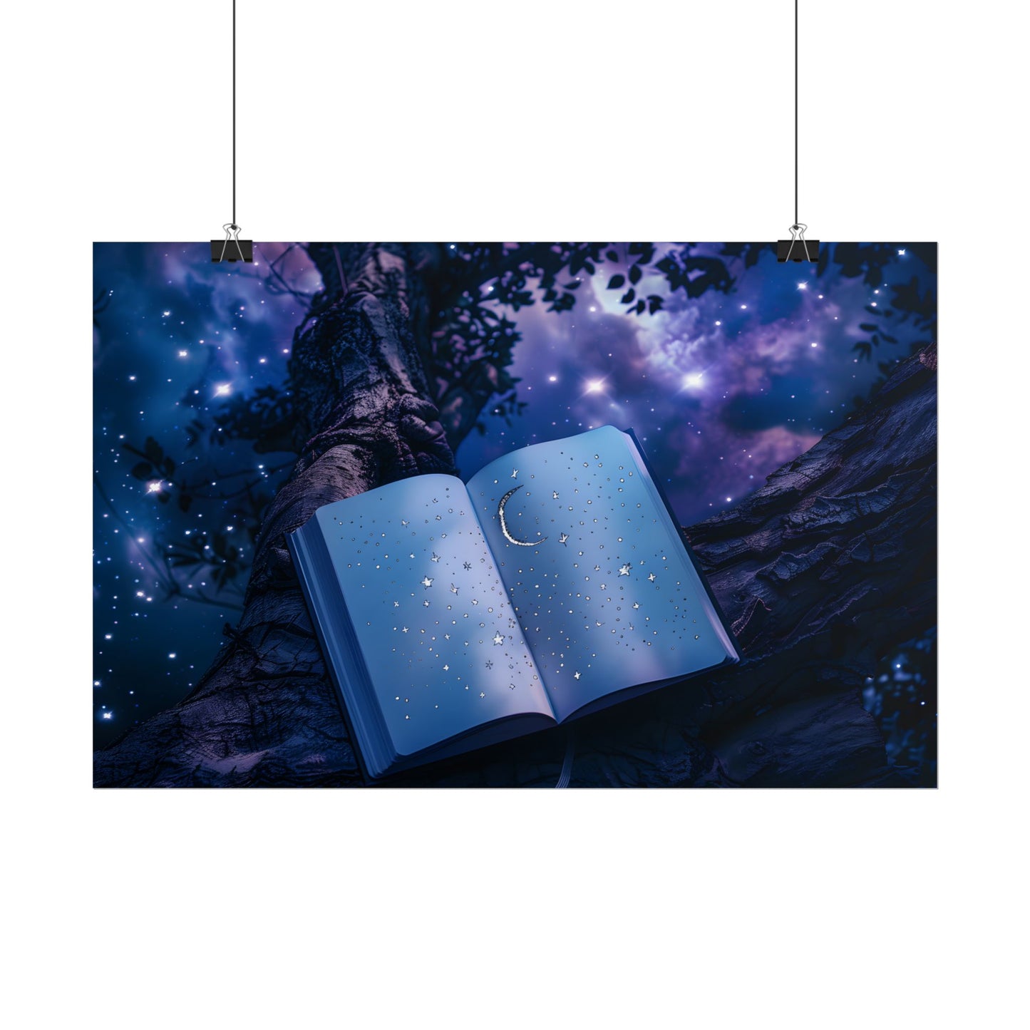 Mystical Night Sky: Celestial Dreams with Crescent Moon and Stars - Poster