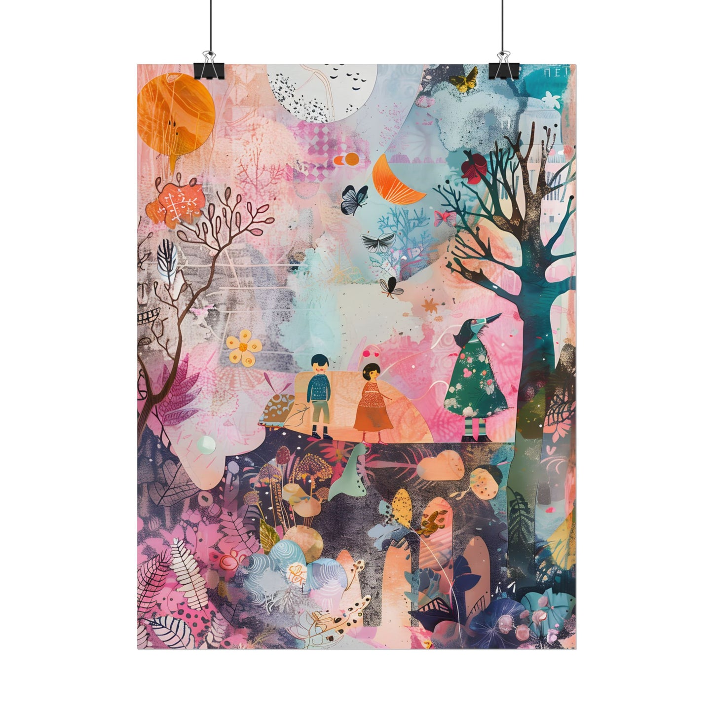 Colorful Whimsy: Blue Fish, Yellow Bird, Pink Cat Art Collage - Poster