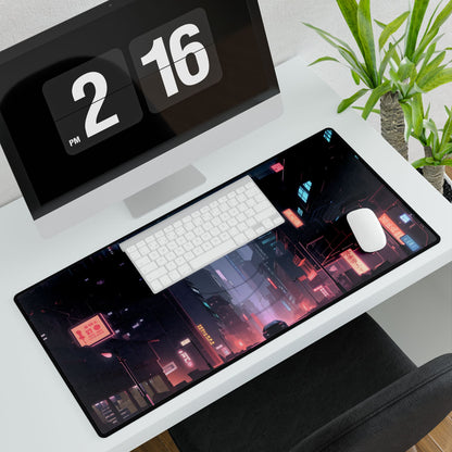 Cyberpunk Night: Melancholic Urban Landscape Artwork - Desk Mat