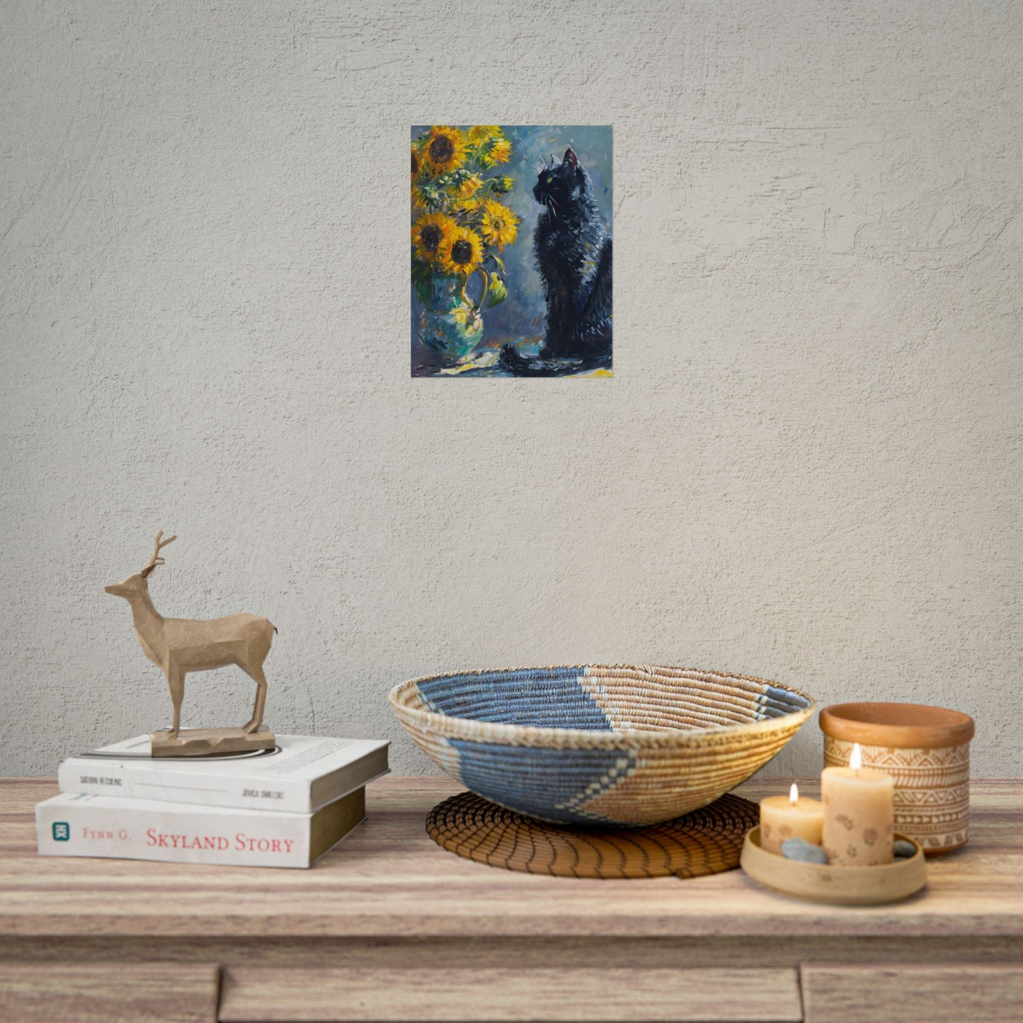 Whimsical Black Cat by Sunflowers: Serene Garden Art - Poster