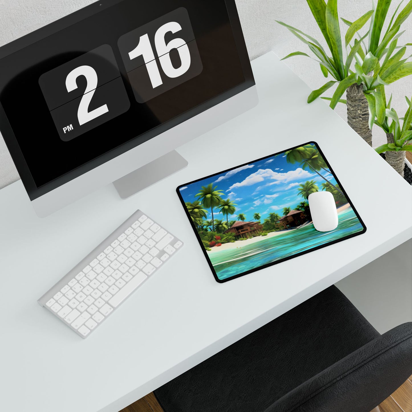 Tropical Paradise: Tranquil Lagoon and Palm Trees Art - Desk Mat