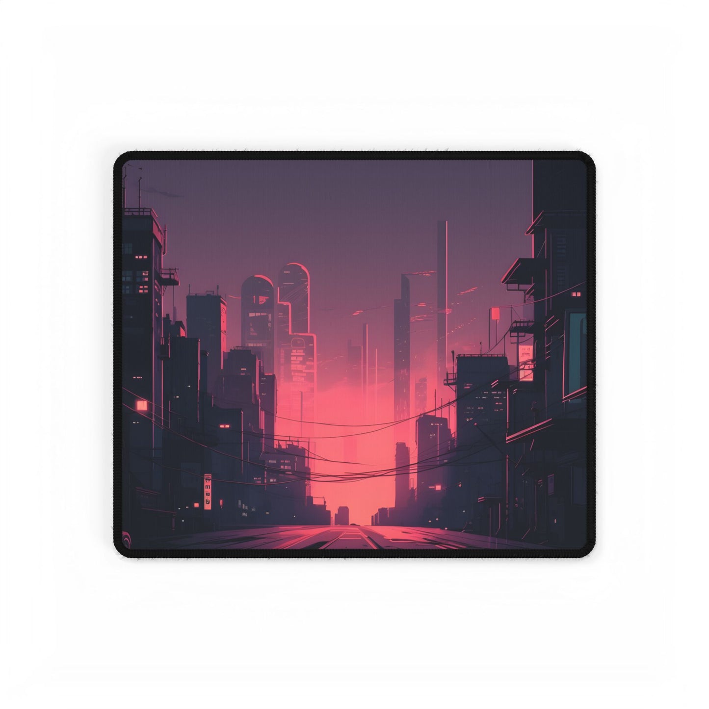 Cyberpunk Nighttime Cityscape: Melancholic Mood - Desk Mat