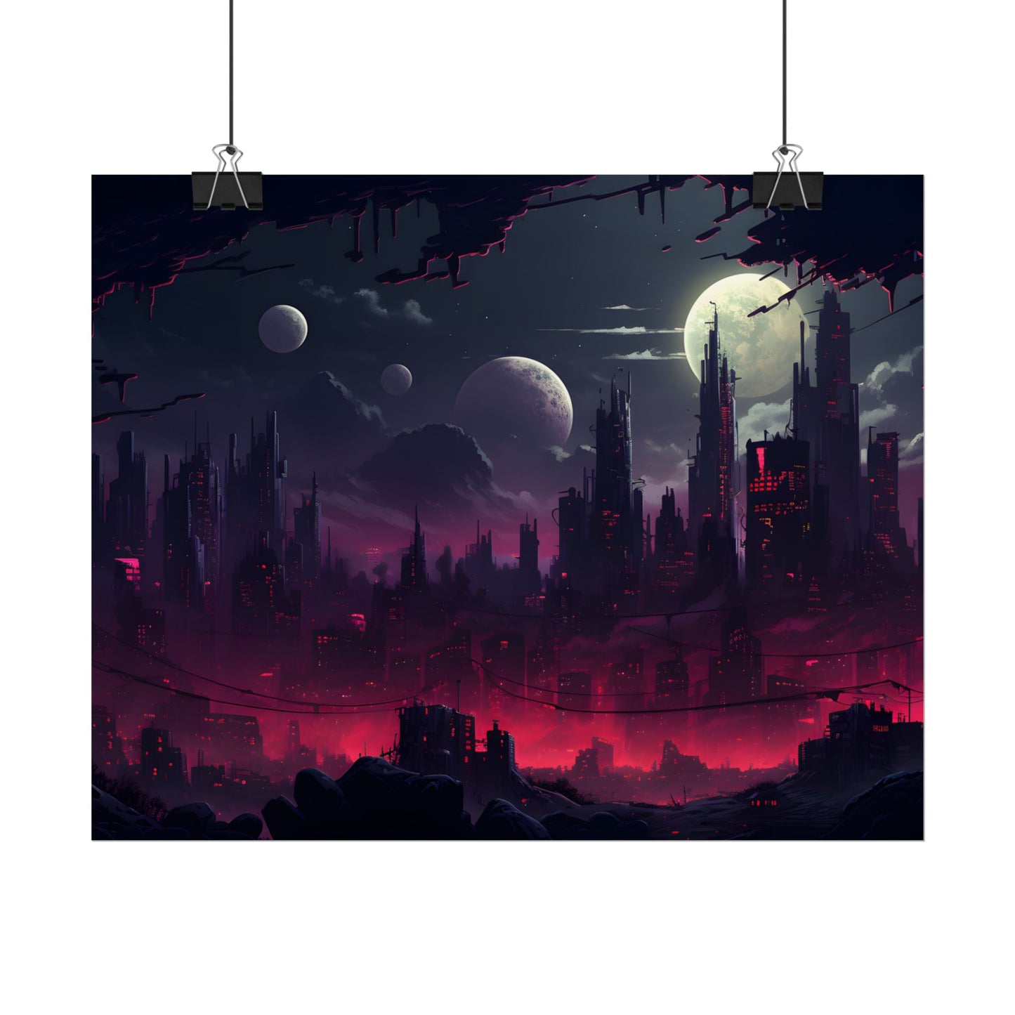Burning Cyberpunk Cityscape at Night: Digital Art - Poster