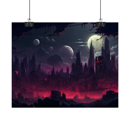 Burning Cyberpunk Cityscape at Night: Digital Art - Poster