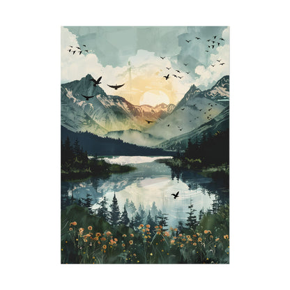 Serene Mountain Lake: Birds in Flight - Natural Art - Poster