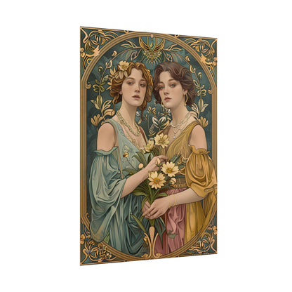 Two Women in Ornate Attire Holding Primr: Traditional Turkish Artwork - Poster