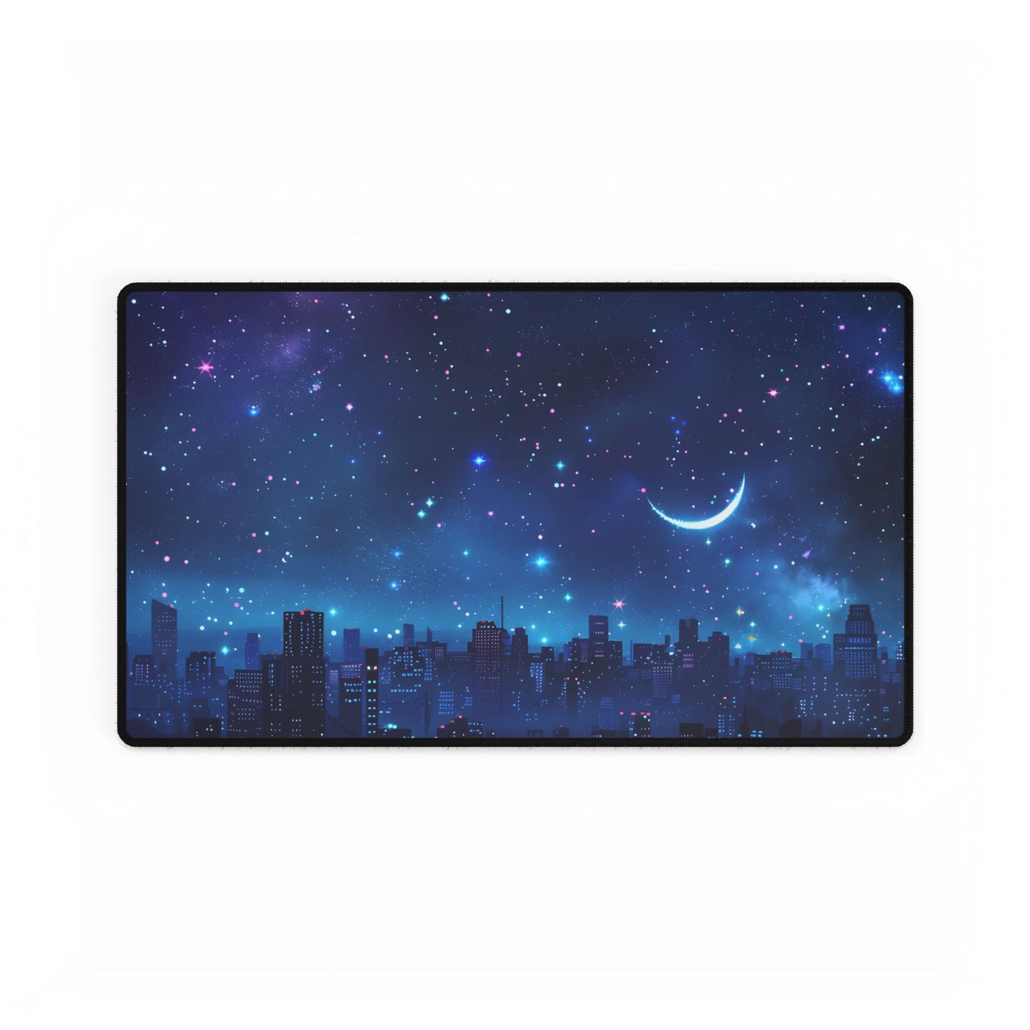Dark Blue Dreams: A Starry Night Sky with Crescent Moon - Desk Mat