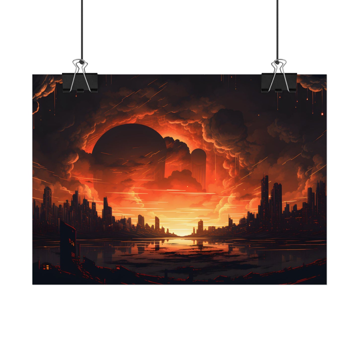 Futuristic Cyberpunk Night: Burning Cityscape Landscape Art - Poster