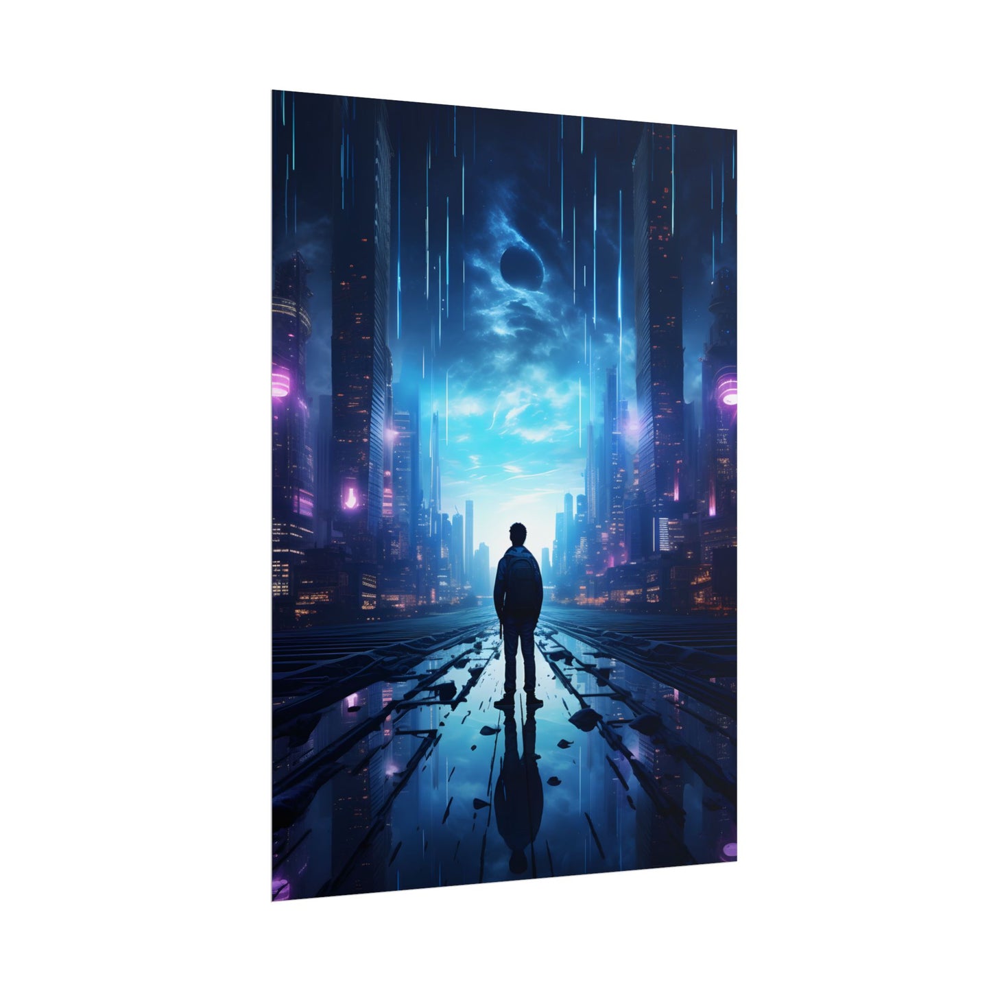 Cyberpunk Cityscape at Night: Melancholic Landscape Digital Art - Poster