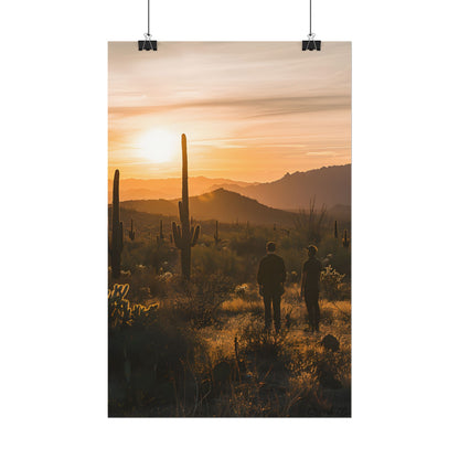 Desert Sunset Serenity: Two Friends Standing Together - Poster