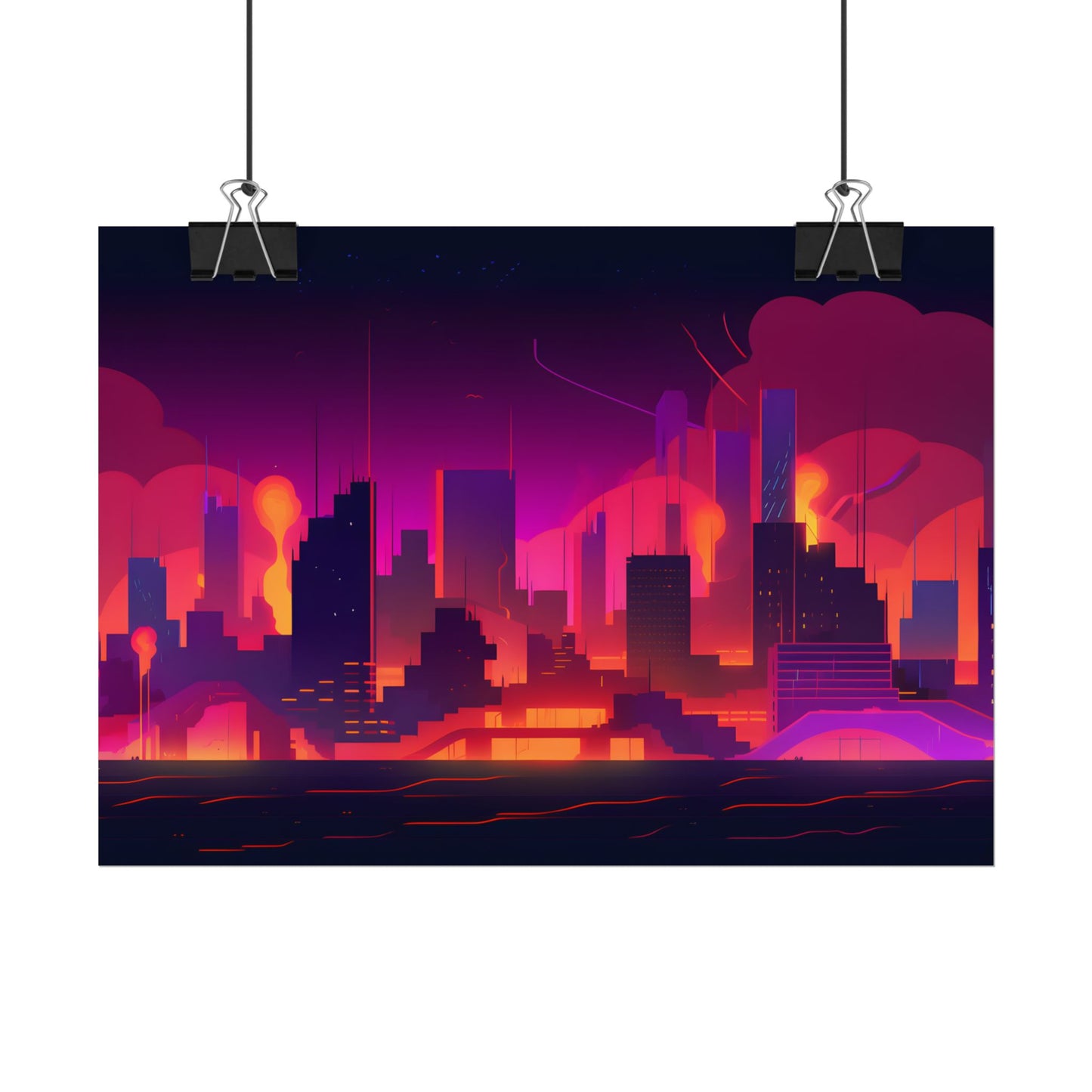Burning Cyberpunk Cityscape: Nighttime Digital Artwork - Poster