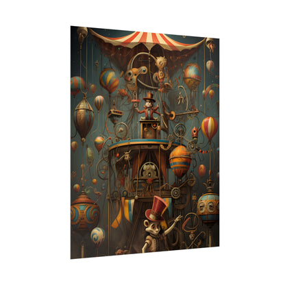 Whimsical Clockwork Circus: Fantastical Wooden Horse in Steampunk Dreamscape - Poster
