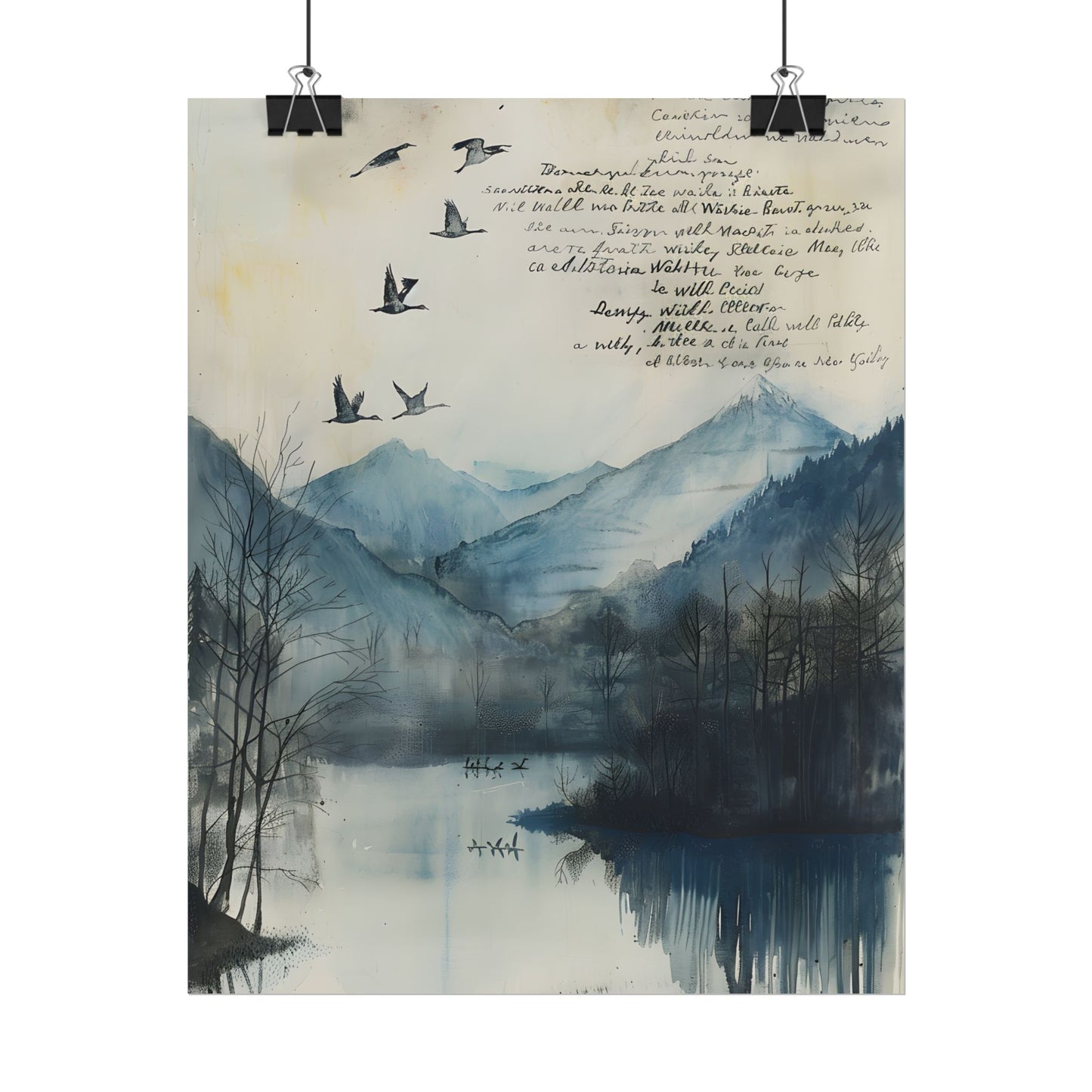 Nature's Serenity: Mountain Lake Birds in Flight Artwork - Poster
