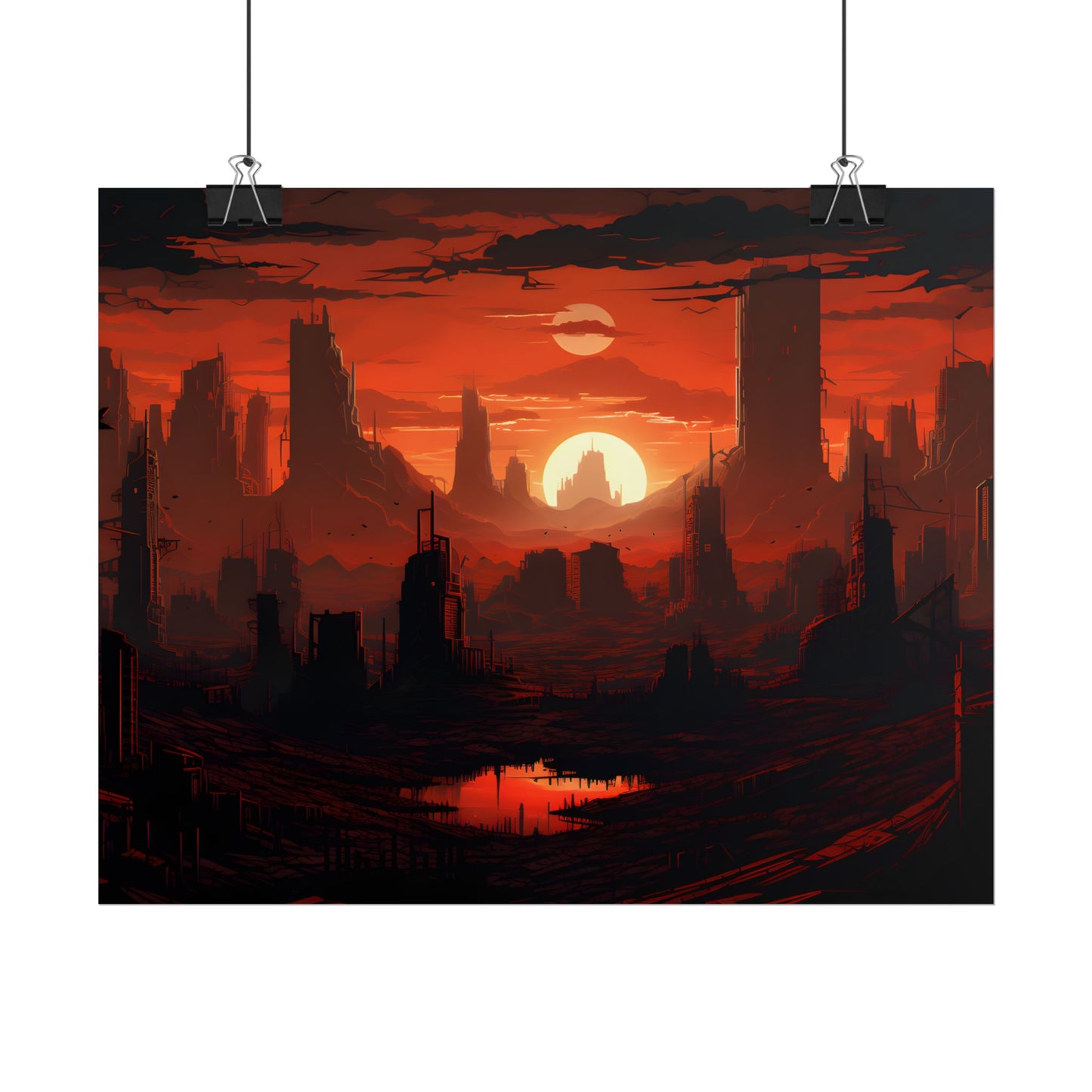 Cyberpunk Nighttime Cityscape: Burning City Digital Art - Poster