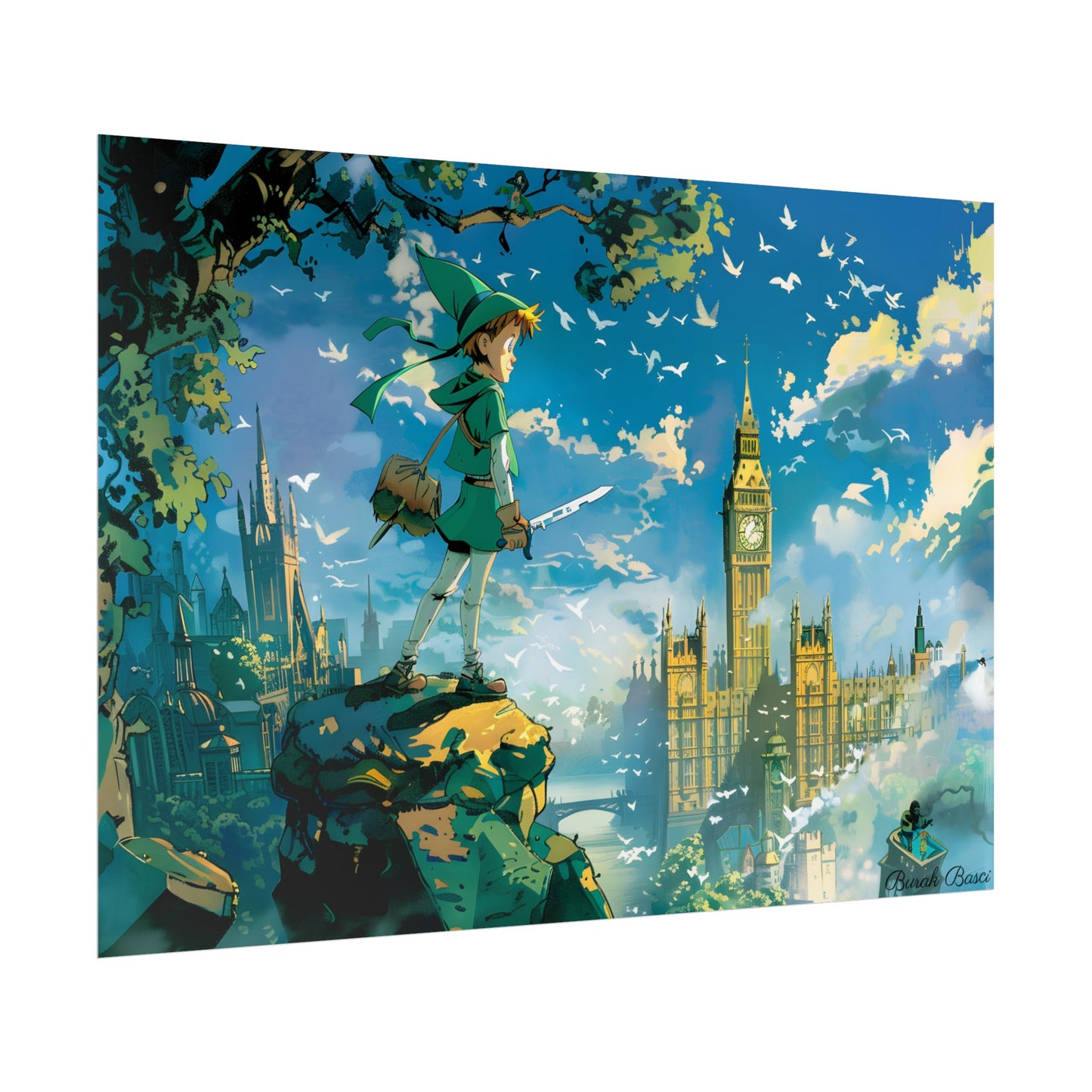 Whimsical Boy in Green: Colorful Illustration Artwork - Poster