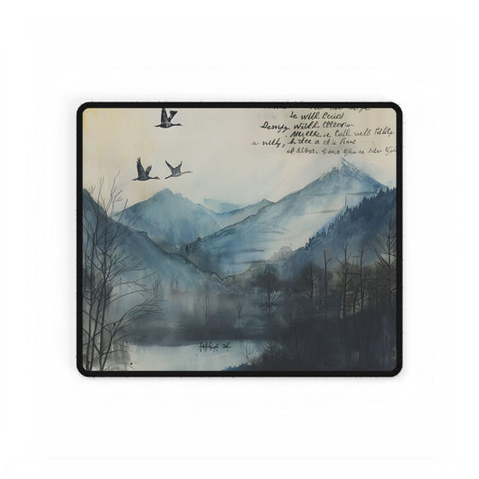 Nature's Serenity: Mountain Lake Birds in Flight Artwork - Desk Mat