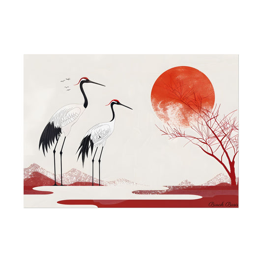 Serene Landscape with Cranes: Amidst Nature's Tranquility - Poster