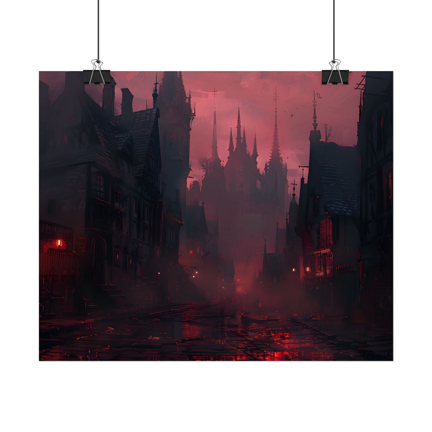 Dark Gothic Cityscape: A Serene Misty Dusk Scene - Poster