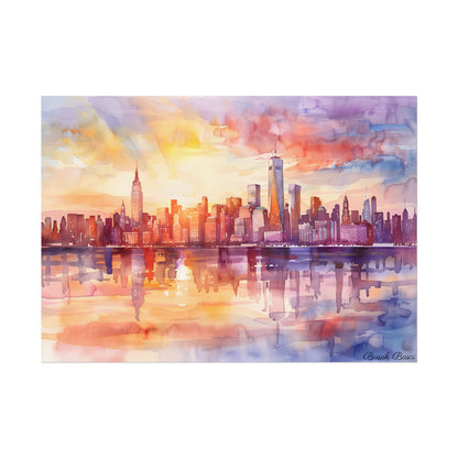 Watercolor Sunset New York City Skyline: Beautiful Artwork - Poster