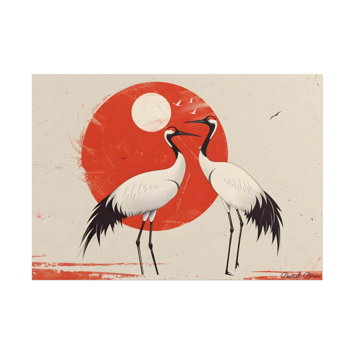Serene Wildlife Sanctuary: Cranes in Red Nature Scene Art - Poster