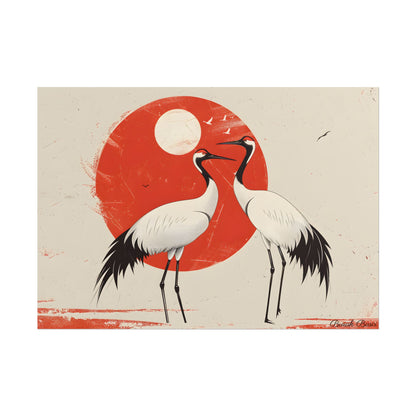 Serene Wildlife Sanctuary: Cranes in Red Nature Scene Art - Poster