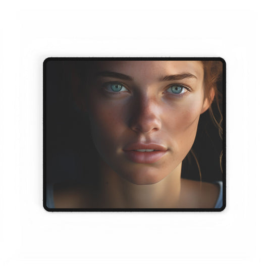 Close-Up Portrait: Grinning Woman with Sharp Light Brown Eyes - Desk Mat