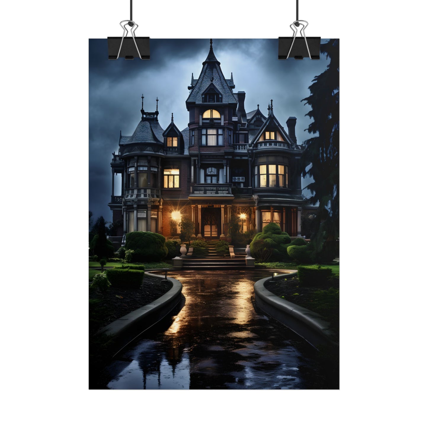 Haunted Victorian Mansion: Spooky Stormy Night Art - Poster