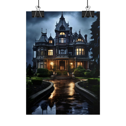 Haunted Victorian Mansion: Spooky Stormy Night Art - Poster