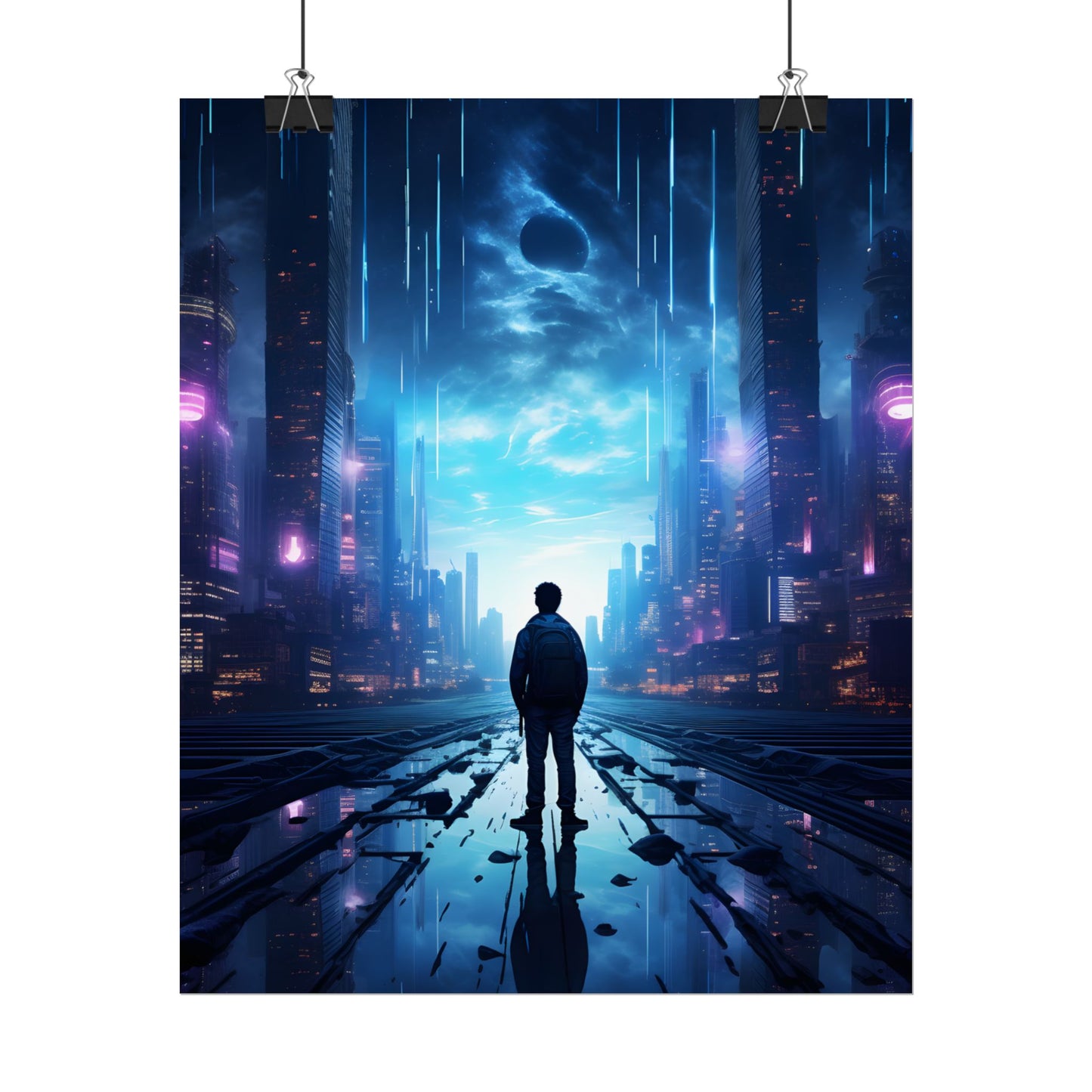 Cyberpunk Cityscape at Night: Melancholic Landscape Digital Art - Poster